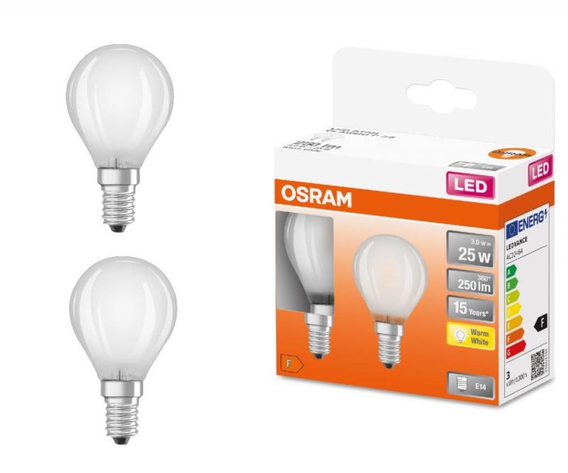 2er Pack OSRAM LED E14 Tropfenform matt 2,5W wie 25W warmweißes Licht
